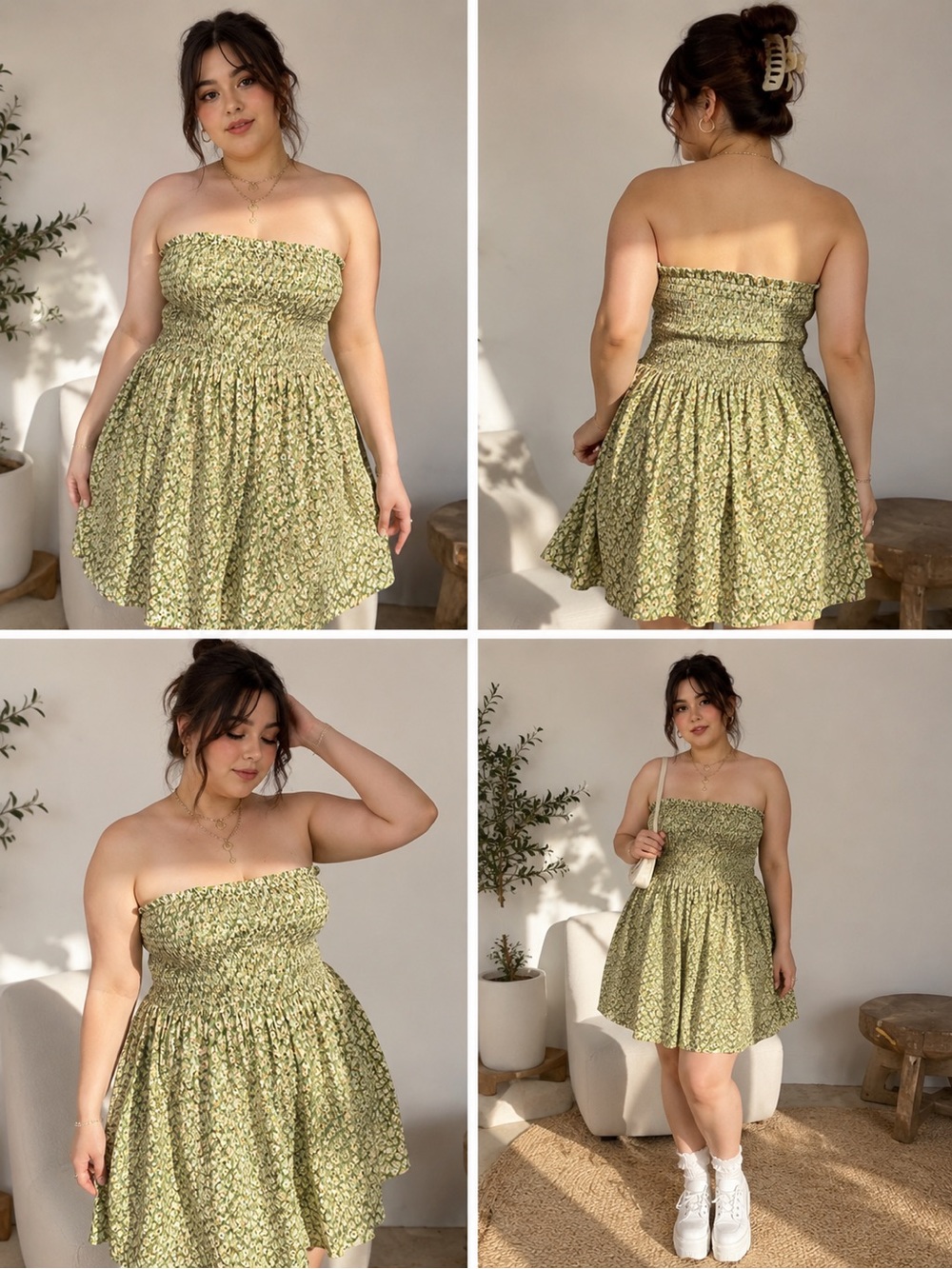 Forever 21 Green Floral Strapless Smocked Sundress